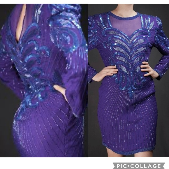 Scala Purple Intricately Beaded Sequined Silk Dress Size Small - Picture 10 of 10